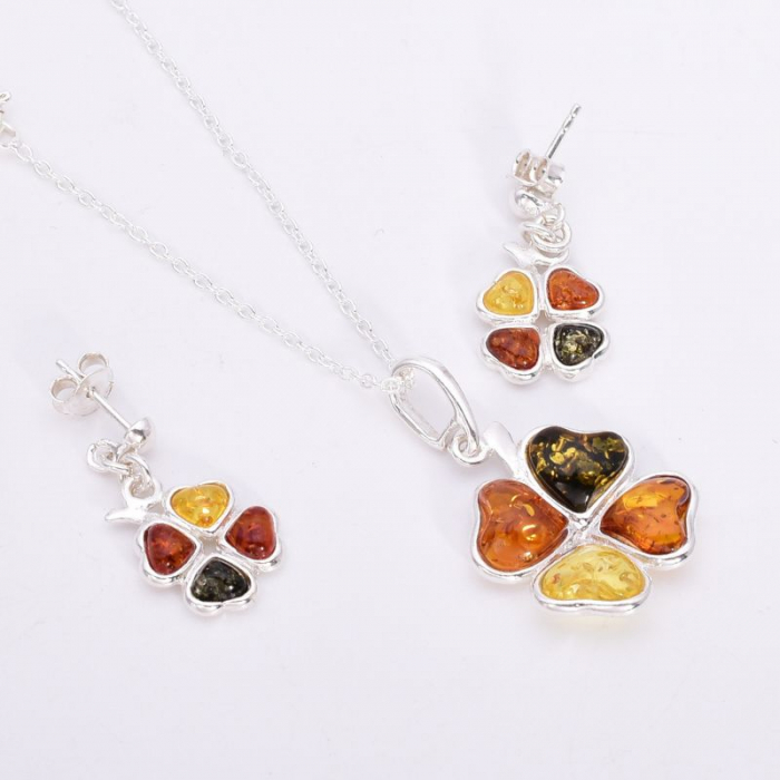 Set argint cu chihlimbar multicolor Trifoi - cercei, pandantiv, lant [3]
