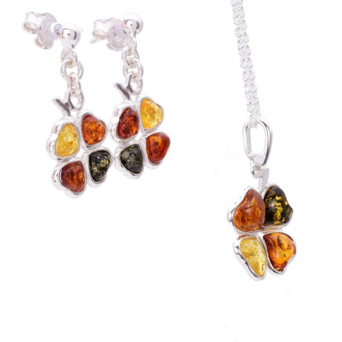 Set argint cu chihlimbar multicolor Trifoi - cercei, pandantiv, lant [4]