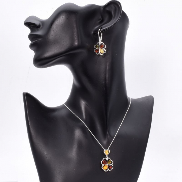 Set argint cu chihlimbar multicolor Trifoi cu Inimi [2]