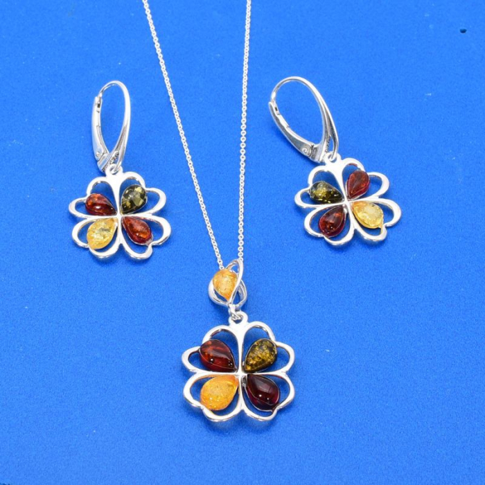 Set argint cu chihlimbar multicolor Trifoi cu Inimi [3]