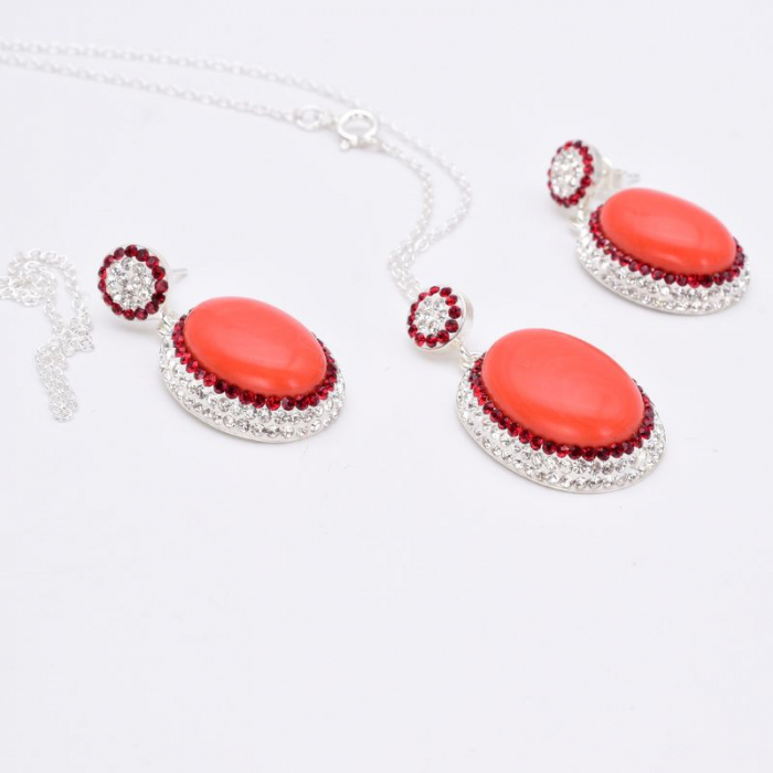 Set argint cu coral portocaliu si CZ - cercei, pandantiv, lant [4]