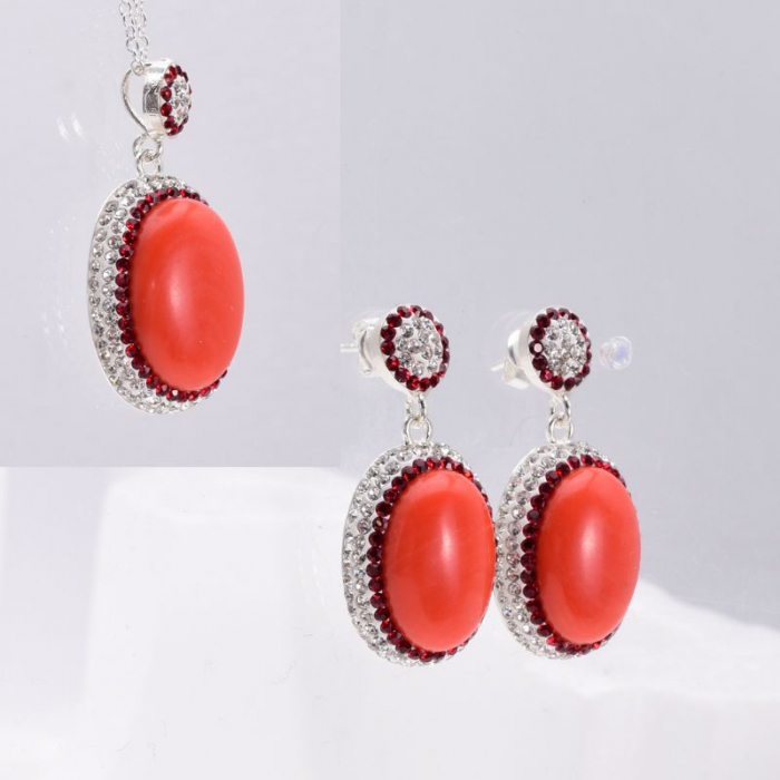Set argint cu coral portocaliu si CZ - cercei, pandantiv, lant [3]