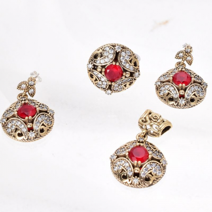 Set argint cu cubic zirconia rosu, alb rotund - model otoman [3]