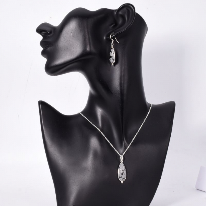 Set argint cu obsidian fulg de nea - cercei, pandantiv, lant [2]