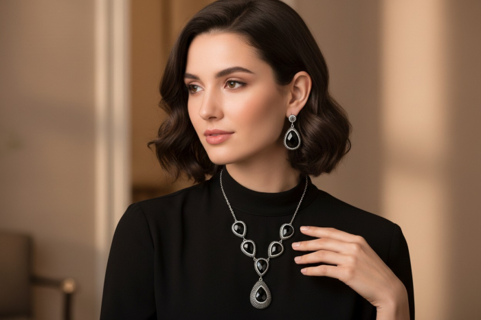 Set argint cu onix, hematit si CZ - cercei si colier [2]