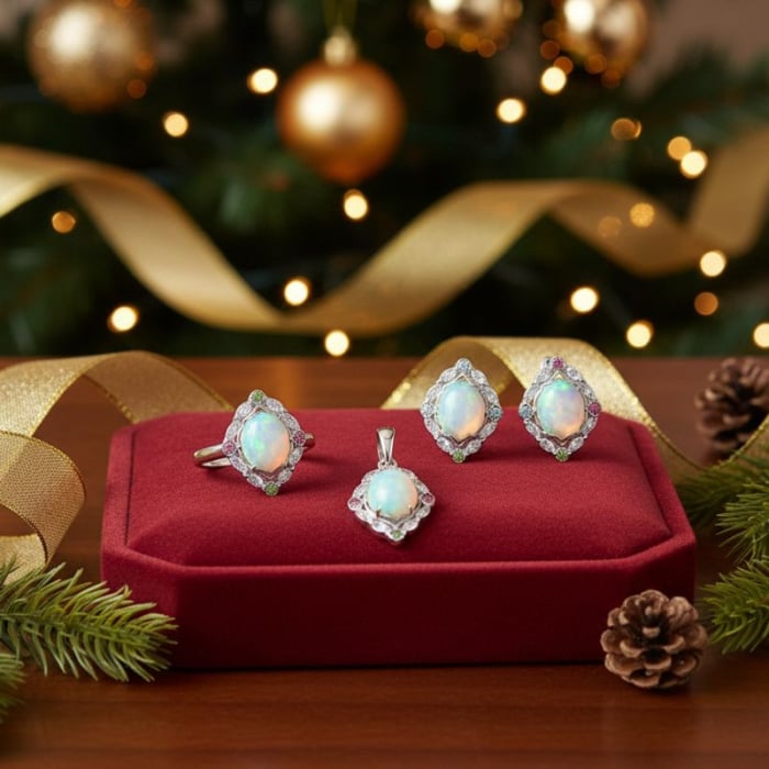 Set argint cu opal etiopian si turmalina - cercei, pandantiv, inel [2]