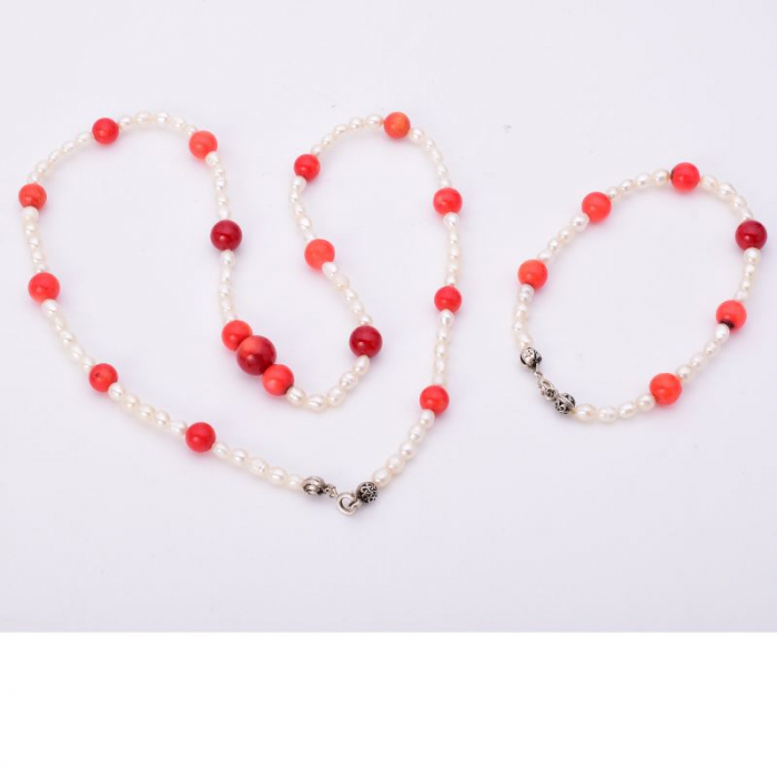 Set argint cu perle si coral - colier, bratara [3]
