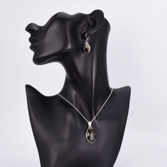 Set argint cu serafinit negru auriu - cercei, pandantiv, lantisor [3]