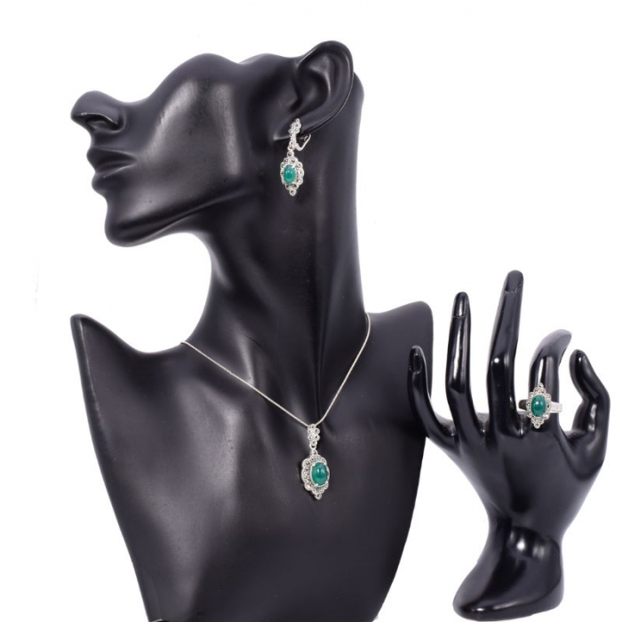 Set argint Eleganta Stralucitoare - agat verde si marcasite [3]