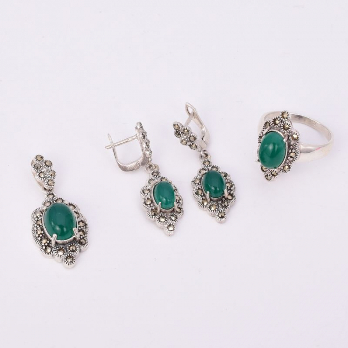 Set argint Eleganta Stralucitoare - agat verde si marcasite [2]