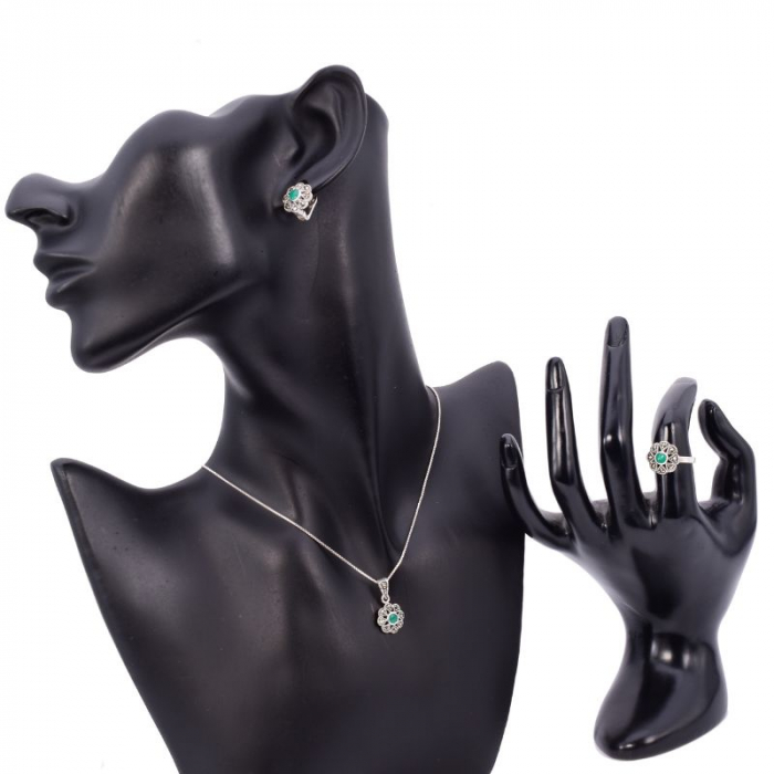 Set argint model floral - agat verde si marcasite [3]