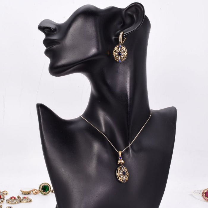 Set argint stil otoman cu cubic zirconia albastre - pandantiv si cercei [3]