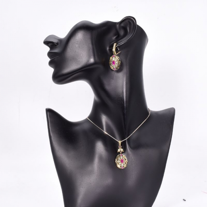 Set argint stil otoman cu cubic zirconia rosii - pandantiv si cercei [2]
