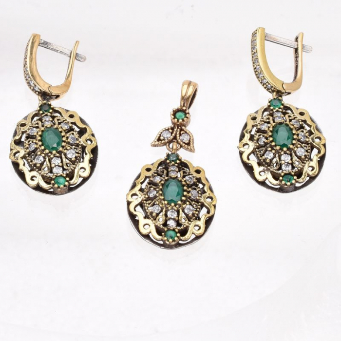 Set argint stil otoman cu cubic zirconia verzi - pandantiv si cercei [2]