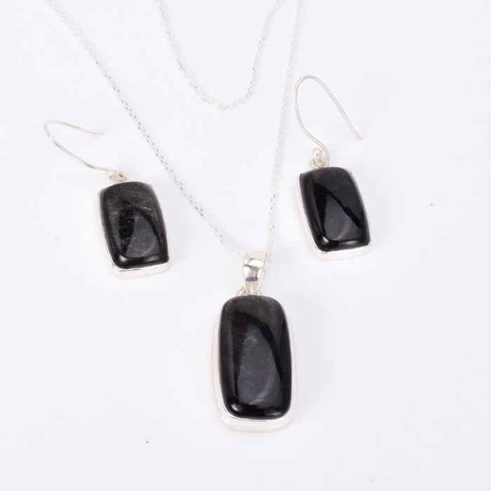 Set bijuterii argint cu obsidian - cercei, pandantiv, lantisor [4]