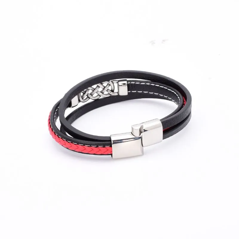 Bratara barbati - inox, piele negru, rosu, 21 cm [1]