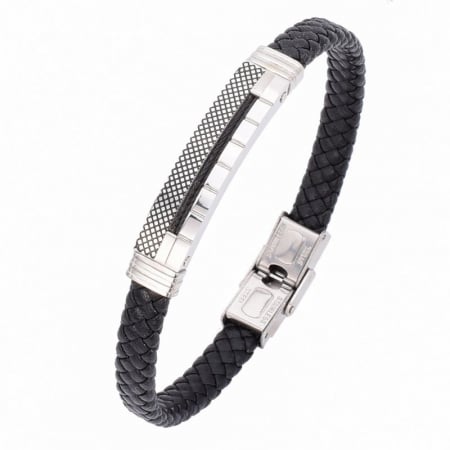 Bratara barbati, piele negru impletit, inox, 21 x 0.75 cm
