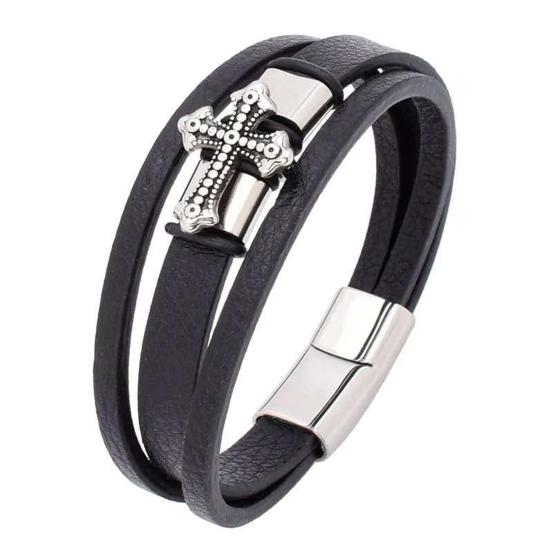 Bratara barbati - piele neagra, Cruce, otel inoxidabil
