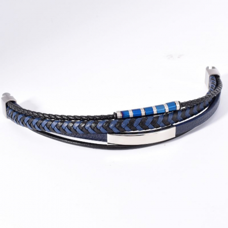 Bratara barbati piele - negru, albastru, otel inoxidabil [1]