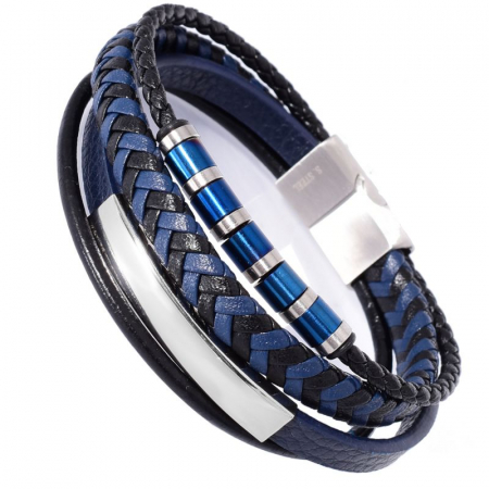 Bratara barbati piele - negru, albastru, otel inoxidabil [2]