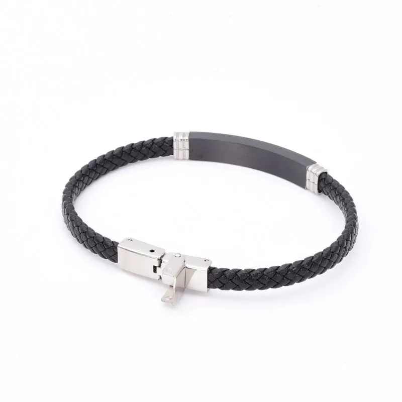 Bratara barbati, piele negru impletit, inox, 21 x 0.6 cm [1]