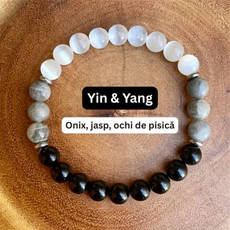 Bratari pietre semipretioase - Bratara cu onix, jasp, ochi de pisica Yin si Yang