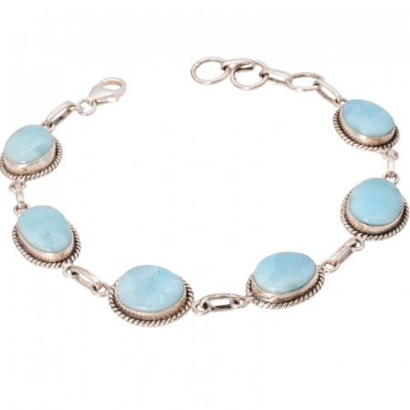 Bratara de argint cu pietre larimar, funie rasucita 17-19 cm