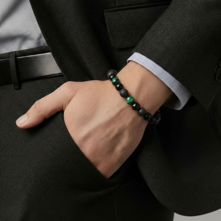 Bratara Tripla Protectie - onix, ochi de tigru verde, lava vulcanica [1]