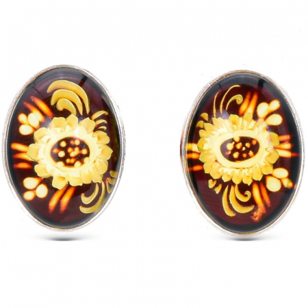 Cercei argint cu chihlimbar cameo Floarea Soarelui