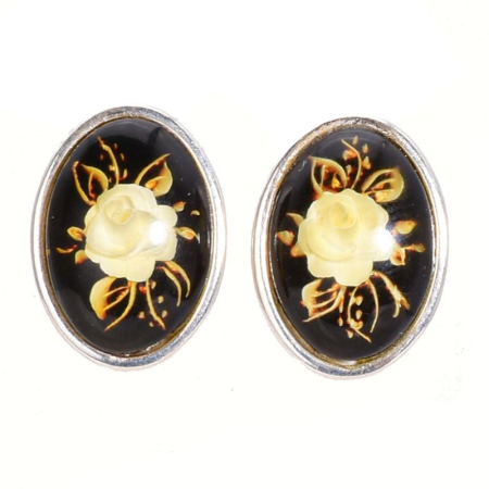 Cercei argint rotunzi - Cercei argint cu chihlimbar cameo Trandafiri