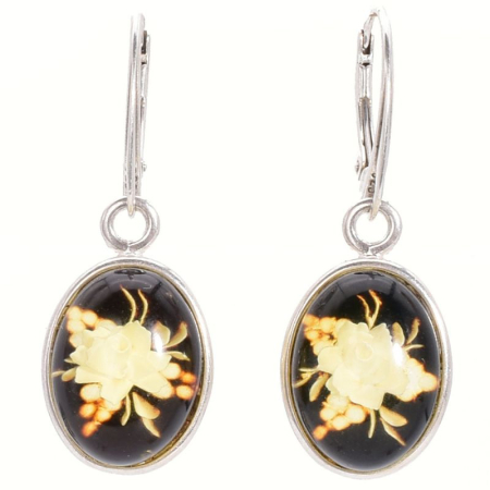 Cercei argint lungi - Cercei argint cu chihlimbar cameo Trandafiri, tortita leverback