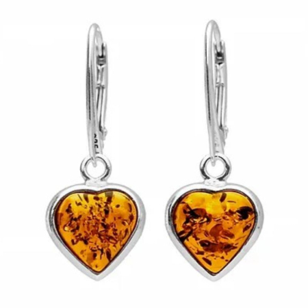 Bijuterii pietre semipretioase - Cercei argint cu chihlimbar Inimi, tortita leverback