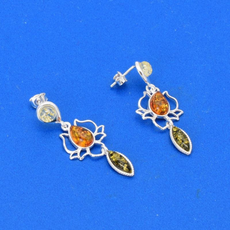 Cercei argint cu chihlimbar multicolor Floare de Lotus [3]