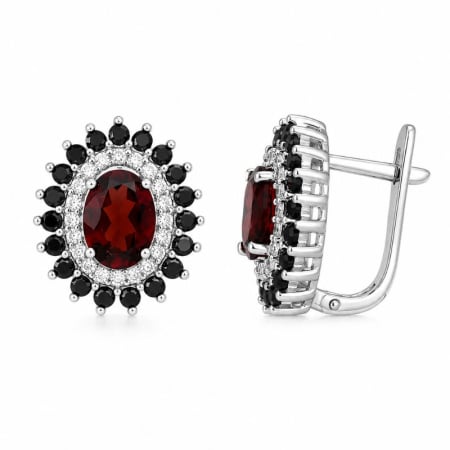 Cercei de argint cu tortita Omega - granat, spinel negru, CZ