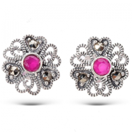 Cercei argint cu rubin si marcasite, model floral [0]
