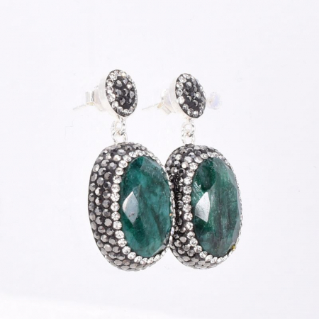 Cercei argint cu smarald oval, hematit, CZ [4]