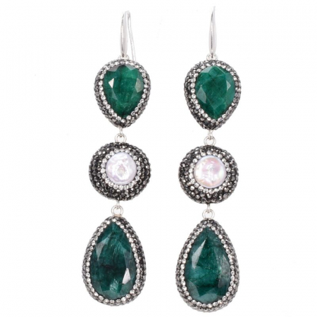 Cercei argint cu tortita 2 x smarald, perle, hematit, CZ [0]