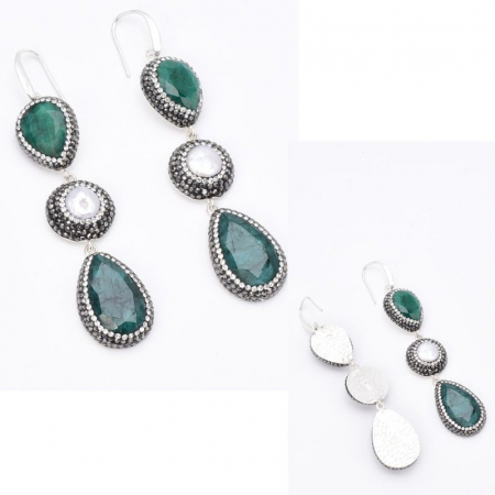 Cercei argint cu tortita 2 x smarald, perle, hematit, CZ [3]