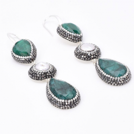 Cercei argint cu tortita 2 x smarald, perle, hematit, CZ [4]