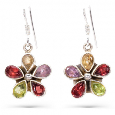Bijuterii citrin - Cercei argint mix pietre Floare - granat, citrin, peridot, ametist