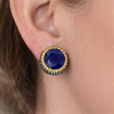 Cercei argint rotunzi, placaj aur, safir, hematit, CZ [3]