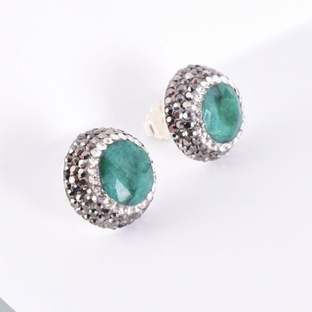 Cercei argint rotunzi, placaj rodiu, smarald, hematit, CZ [3]