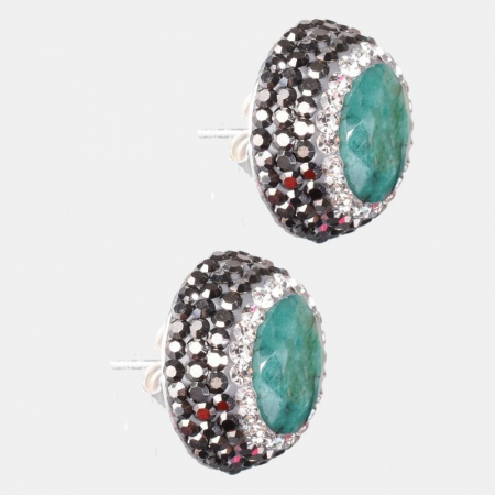 Cercei argint rotunzi, placaj rodiu, smarald, hematit, CZ [1]