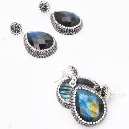 Cercei de argint cu labradorit, hematit si CZ [2]