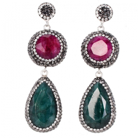 Cercei de argint cu rubin, smarald, hematit si CZ