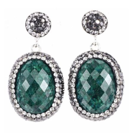 Cercei argint cu pietre - Cercei argint rodiat cu smarald fatetat oval, hematit, CZ
