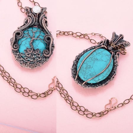 Colier cupru Copacul Vietii cu howlit albastru si piatra lunii [3]