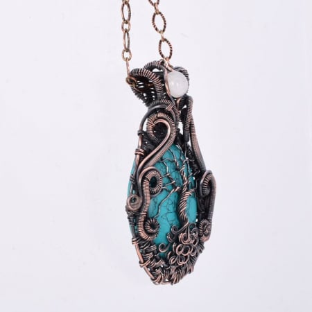 Colier cupru Copacul Vietii cu howlit albastru si piatra lunii [4]