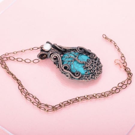 Colier cupru Copacul Vietii cu howlit albastru si piatra lunii [2]