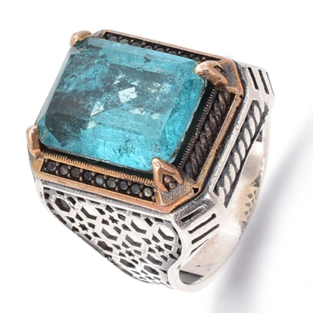 Inele argint barbati - Inel argint barbatesc masiv cu apatit, stil vintage otoman